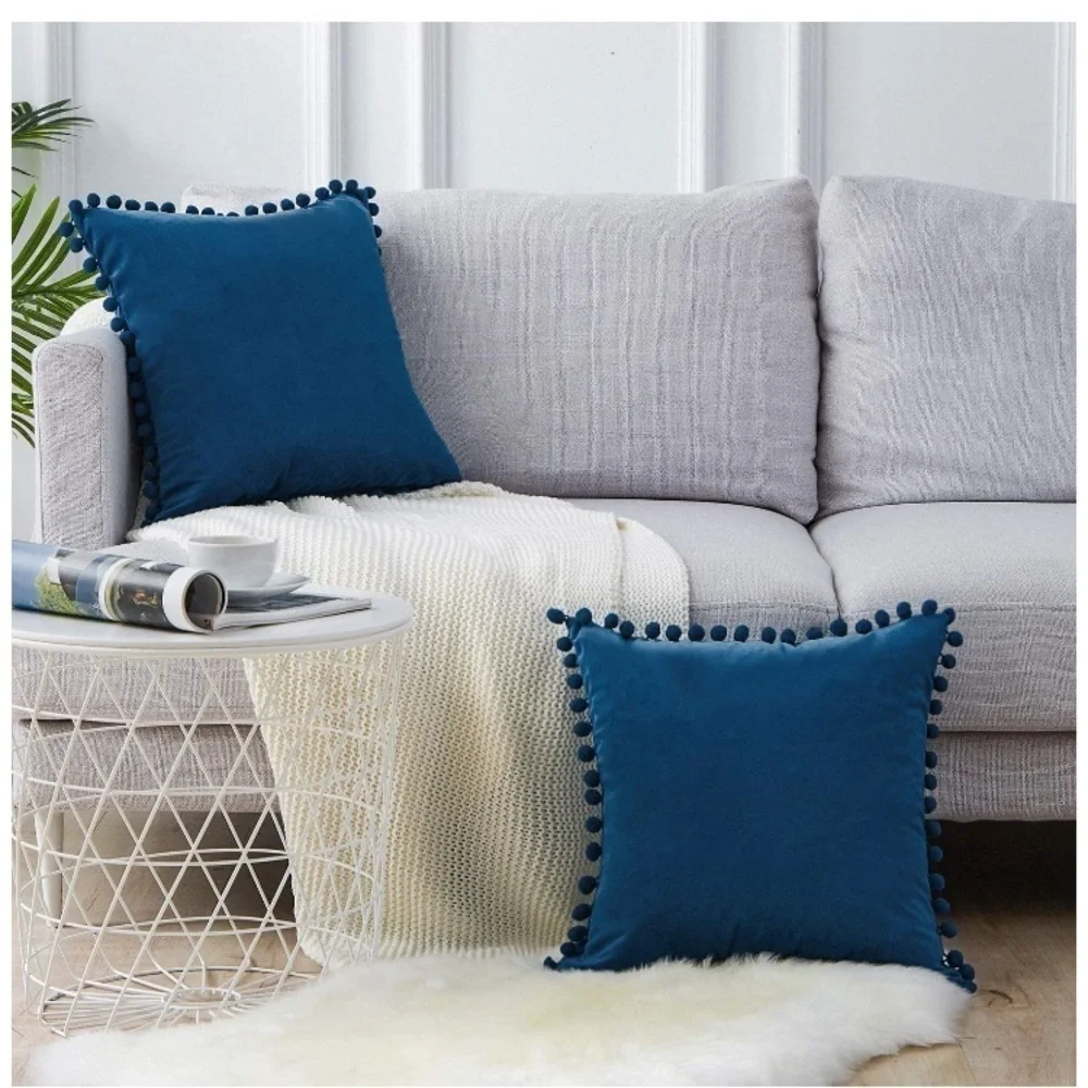 Trendy Navy Blue Modern Farmhouse Style Cute Pompom Throw Pillow Cover Set